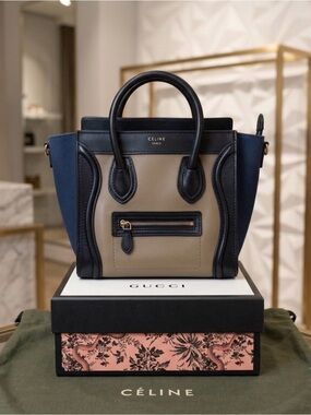 Celine Tricolor Mini Luggage Tote in Brown, Black, and Navy